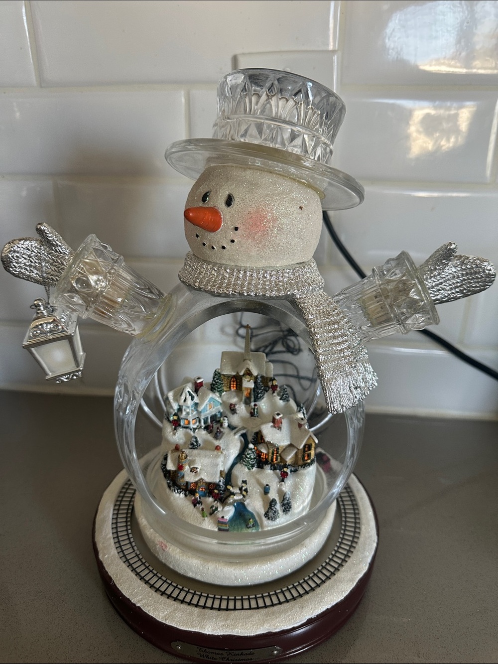 Thomas Kinkade Crystal Snowman Village Lighted Decor - White, Silver, Orange